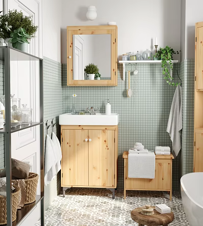 Bathroom With Light Green Tiles Wooden Vanity Mirror Open Shelves Green Plants And Towels 3d model
