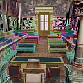 European Architectural Interior with Intricate Mural Ceiling Marble Columns Green Seats and Wooden Podium