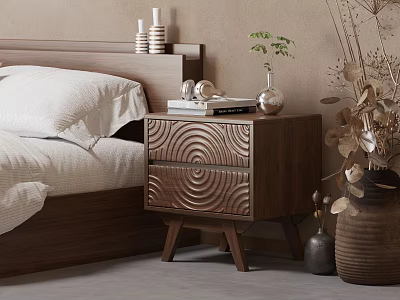 Wooden Nightstand with Circular Texture Drawers Books Headphones Small Plant Vase in Modern Bedroom 3d model