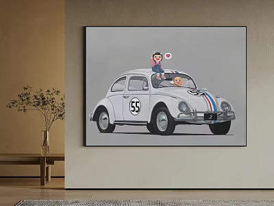 Oil Painting Featuring White Beetle Number 55 Red Blue Stripes Cartoon Boy Girl Red Heart 3d model