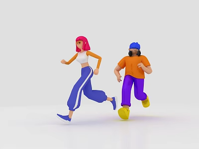 Two Cartoon Characters Running In Colorful Clothing With Pink Hair Blue Cap And White Background 3d model