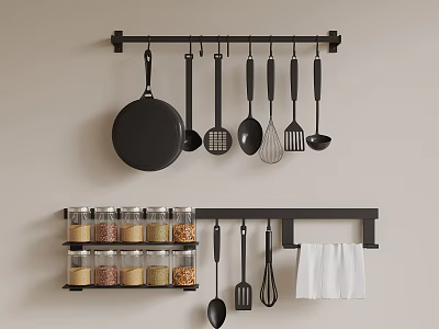 Organized Kitchen Wall Storage with Hanging Pans Utensils Glass Jars and Towel 3d model