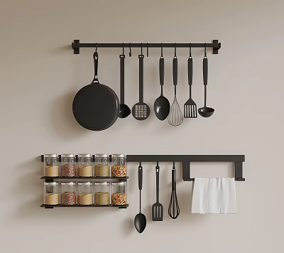 Organized Kitchen Wall Storage with Hanging Pans Utensils Glass Jars and Towel 3d model
