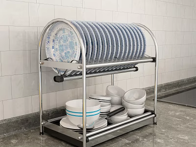 Kitchen Cabinet With Stainless Steel Dish Rack Plates Bowls And Tile Wall 3d model