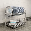 Kitchen Cabinet With Stainless Steel Dish Rack Plates Bowls And Tile Wall