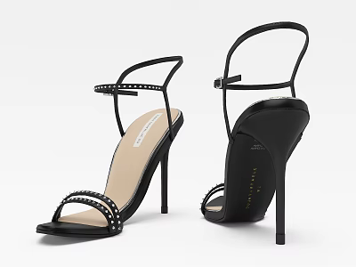 Stylish Black High Heel Sandals With Thin Straps Decorative Studs And Slim Heel 3d model