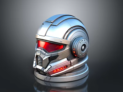 Futuristic Mechanical Armored Helmet With Silver Finish Red Visor And Circular Components 3d model