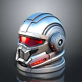 Futuristic Mechanical Armored Helmet With Silver Finish Red Visor And Circular Components