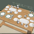 Complete Ceramic Dinnerware Set with White Green Patterns Displayed on Wooden Table for Household Use 3d model