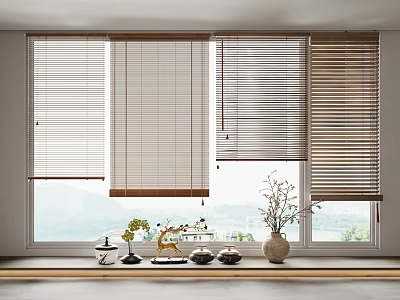 Modern Window Blinds Design In Bright Room With Decorative Vases And Scenic View 3d model