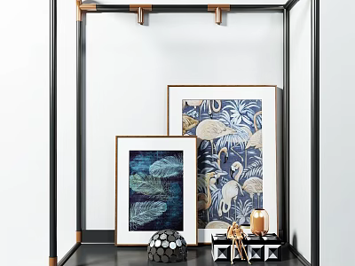Modern Decorative Ornament Set With Framed Blue Leaf Flamingo Artworks Spherical Ornament And Candles 3d model