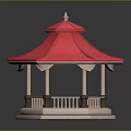 Traditional Style Pavilion With Red Roof White Pillars And Hexagonal Base