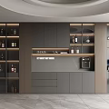 Modern Open Kitchen Interior With Glass Door Wine Cabinet And Illuminated Wine Bottles