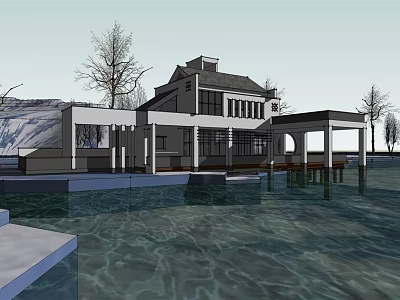 Waterfront Detached Villa Modern Design With Large Windows Terrace Surrounding Trees And Clear Water View 3d model