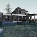 Waterfront Detached Villa Modern Design With Large Windows Terrace Surrounding Trees And Clear Water View