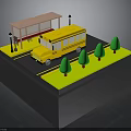 School Bus Stop Scene With Yellow Bus Shelter Street Lamps Green Trees And Grass
