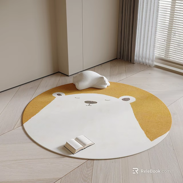 Round Area Rug Cute Bear Design White and Yellow Colors Cozy Kids Room Floor Decor 3d model 