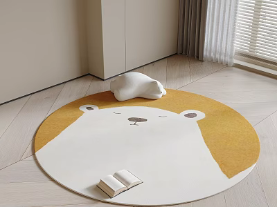 Round Area Rug Cute Bear Design White and Yellow Colors Cozy Kids Room Floor Decor 3d model