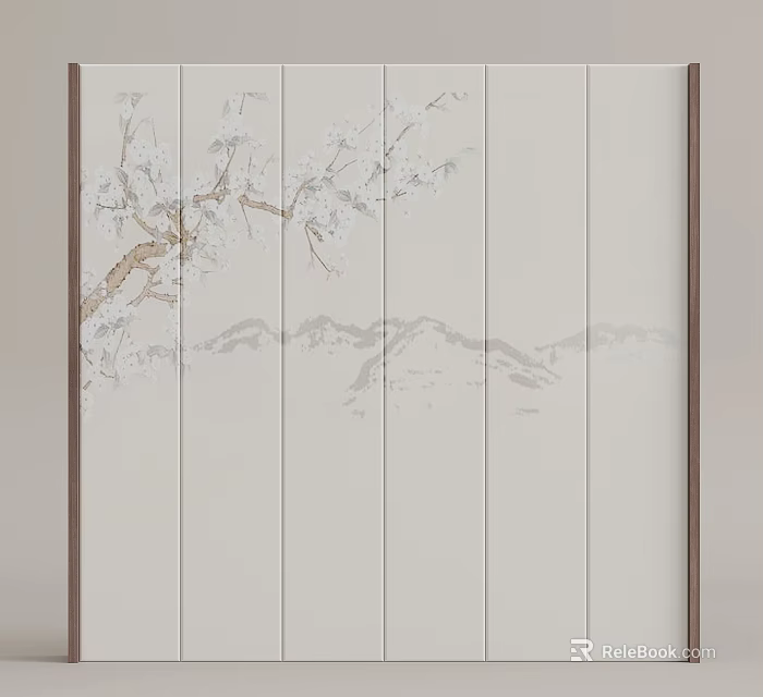 Light Wooden Plank Decorative Wall With White Plum Blossom Branch And Gray Mountain Pattern 3d model 