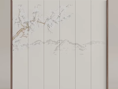 Light Wooden Plank Decorative Wall With White Plum Blossom Branch And Gray Mountain Pattern 3d model