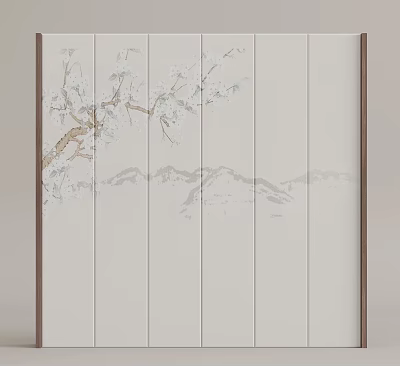 Light Wooden Plank Decorative Wall With White Plum Blossom Branch And Gray Mountain Pattern 3d model