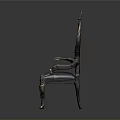 Elegant Vintage Chair With Ornate Backrest Curved Armrests And Dark Leather Seat