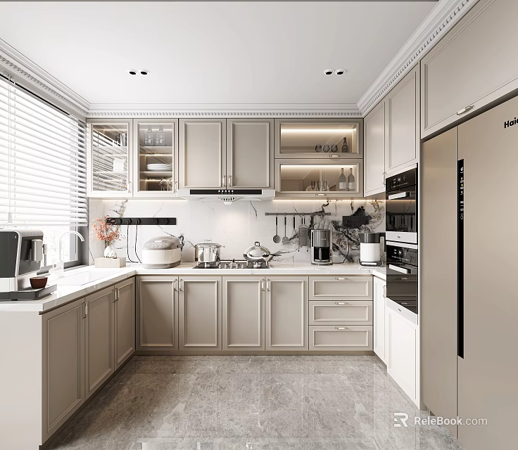 Modern Kitchen Interior Design With Light Gray Cabinets Countertop And Appliances 3d model 