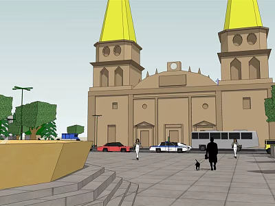 Historic Building With Yellow Spires At Plaza With Street Lamps Pedestrians Cars Bus And Trees 3d model