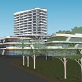 Modern Office Building Exterior Design With Glass Facade Plaza Fountain And Pedestrian Activity