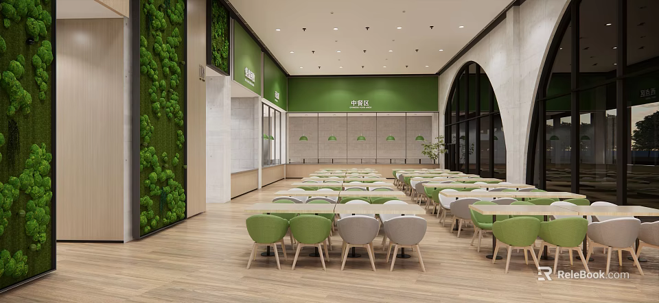 Modern Dining Space With Green Plant Wall Green Walls Wooden Floors Arranged Tables And Arched Windows 3d model 