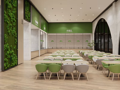 Modern Dining Space With Green Plant Wall Green Walls Wooden Floors Arranged Tables And Arched Windows 3d model
