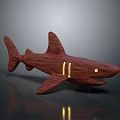 Wooden Mahogany Shark Model With Golden Stripes Yellow Eyes On Black Reflective Background