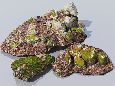 Rustic Natural Stone and Wood Elements with Green Moss for Outdoor Landscape Decor 3d model