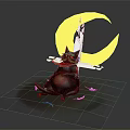 Black Cat With Red Scarf Sitting Under Yellow Crescent Moon With White Birds