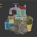 Whimsical Cartoon Scene With Water Faucet Small House Red Roof Rock Pool Rope And Grass