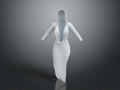 Simple Elegant White Hooded Dress With Long Sleeves And V Neckline 3d model