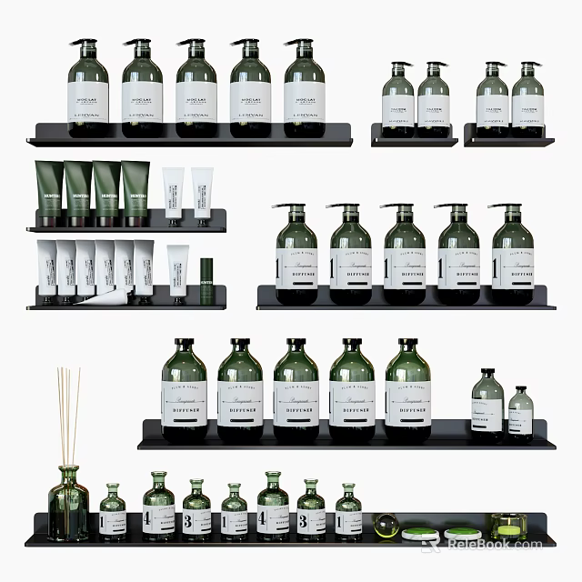 Stylish Bathroom Accessories With Green Bottles Diffusers And Storage Shelves 3d model