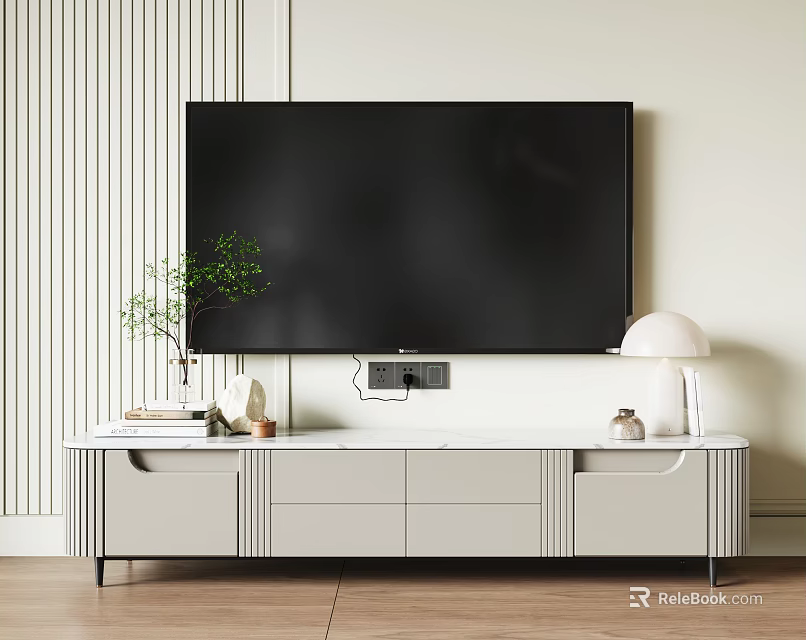 Modern TV Stand With Flat Screen TV Green Plant Books And Table Lamp 3d model 