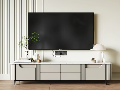 Modern TV Stand With Flat Screen TV Green Plant Books And Table Lamp 3d model
