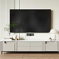 Modern TV Stand With Flat Screen TV Green Plant Books And Table Lamp