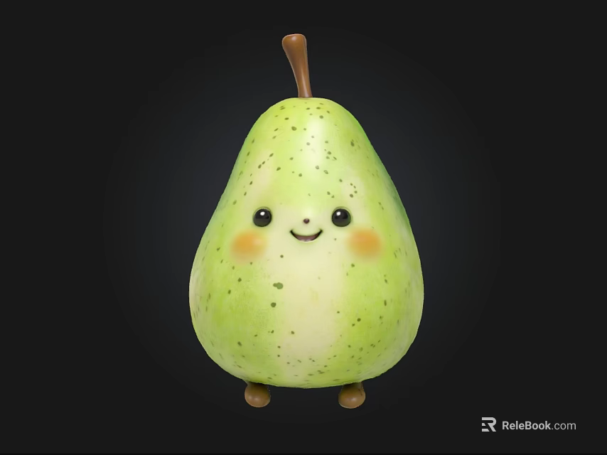 Cute smiling green pear toy with blushing cheeks brown stem and small feet 3d model 
