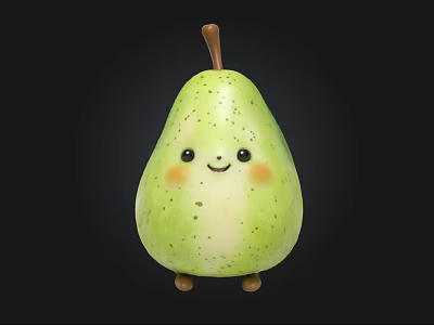 Cute smiling green pear toy with blushing cheeks brown stem and small feet 3d model