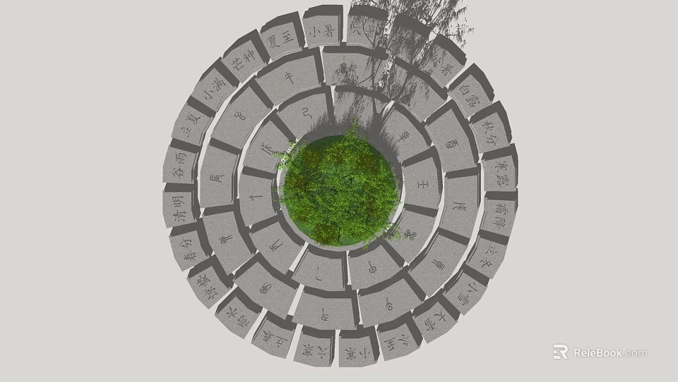 Circular Garden Ornament Featuring Central Green Plants And Stone Slabs With Characters 3d model 