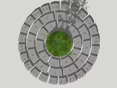 Circular Garden Ornament Featuring Central Green Plants And Stone Slabs With Characters 3d model