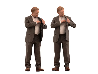 Man In Gray Suit Adjusting Jacket Buttons Standing Against White Background 3d model