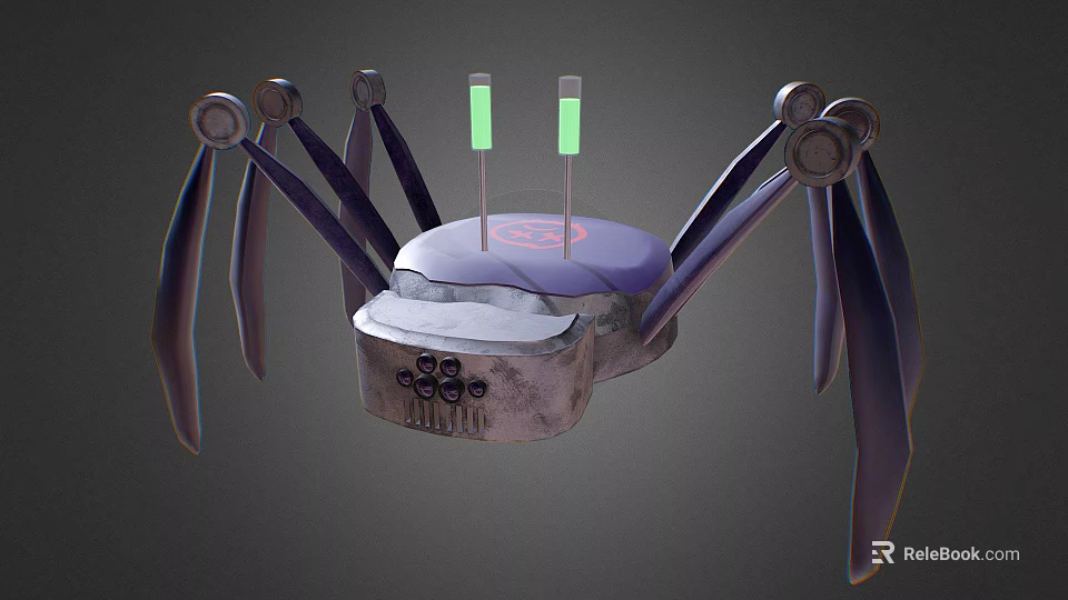 Mechanical Spider Robot Creature With Purple Top Red Symbols And Glowing Green Lights 3d model 