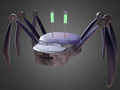Mechanical Spider Robot Creature With Purple Top Red Symbols And Glowing Green Lights 3d model