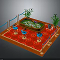 Casino Poker Table And Blue Chairs In Setting With Red Carpet And Decorative Plants