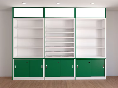 Green And White Display Shelves With Multiple Compartments Cabinet Doors And Top Light Boxes 3d model