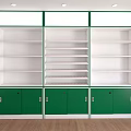 Green And White Display Shelves With Multiple Compartments Cabinet Doors And Top Light Boxes